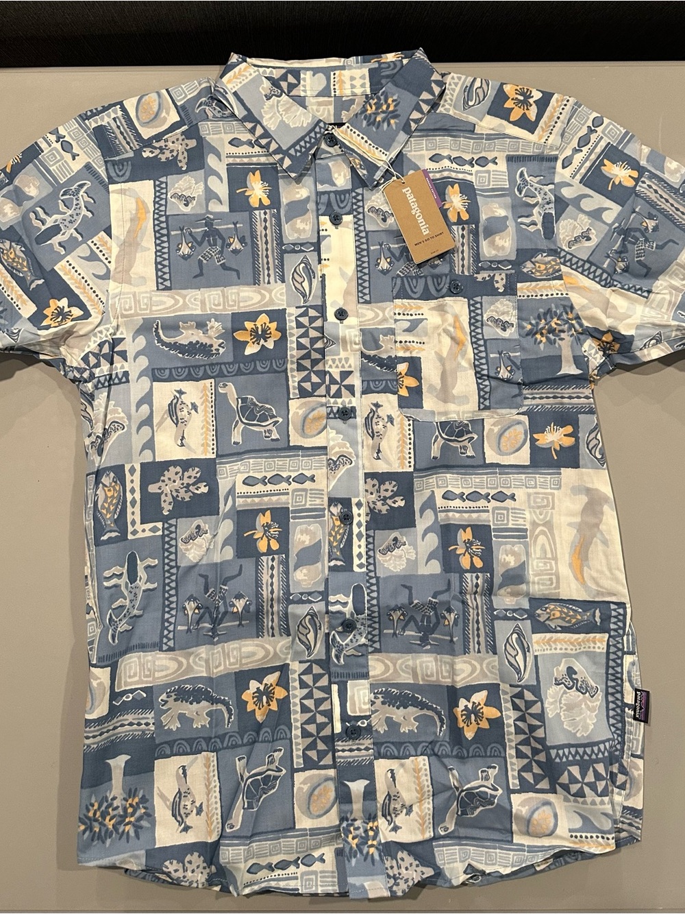 Patagonia Go To Shirt GALAPAGOS ARCHIPELAGOS Patchwork Organic Cotton Hawaiian S